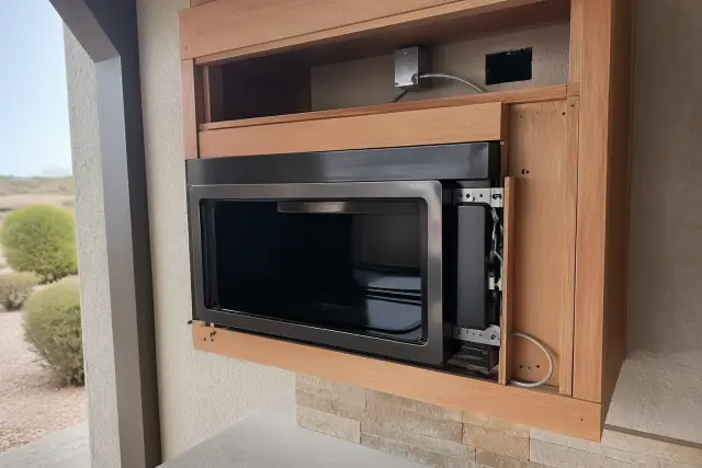 Over-the-range microwave mounted in a wooden cabinet cutout during a repair in Phoenix, AZ.
