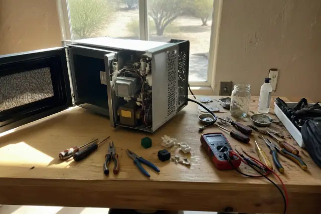 A workbench with disassembled microwave parts and electrical tools during a repair in Phoenix, AZ.