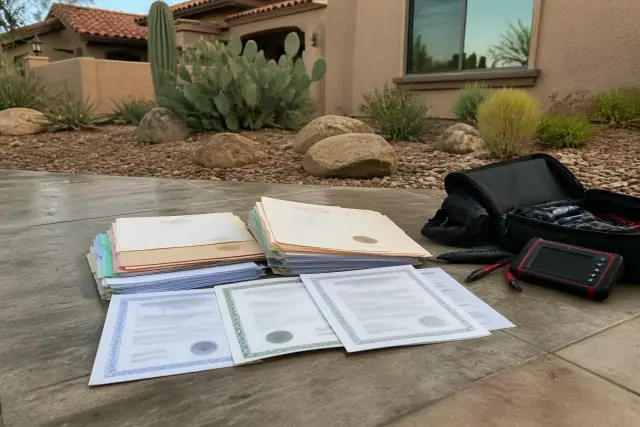 Repair records and folders staged on a jobsite floor with desert landscaping in the background in Phoenix, AZ.
