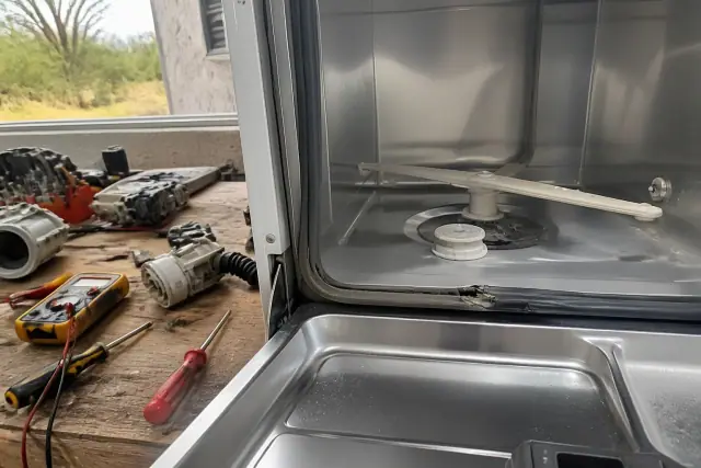 A torn dishwasher door gasket with water residue on a workbench in a Phoenix, AZ workshop.