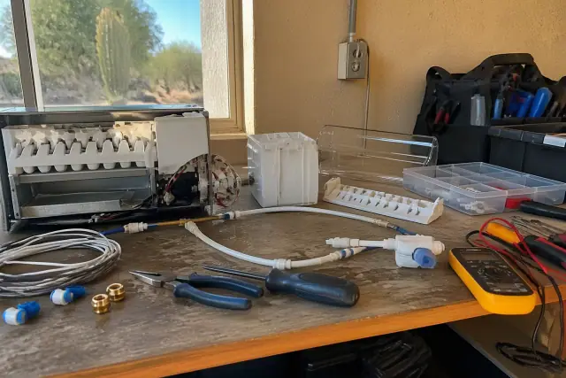 Refrigerator ice maker repair on a wooden workbench with tools and diagnostic equipment in a Phoenix, AZ workshop.