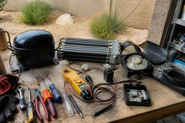 Refrigerator repair in progress on a workbench with tools in Glendale, AZ.