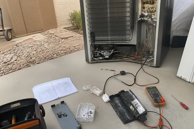 Technician repairing a refrigerator with a multimeter on exposed cooling coils in Avondale, AZ.