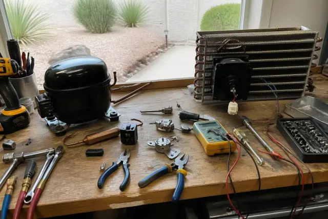 A cluttered workbench with refrigerator repair tools, diagnostic equipment, and compressor parts in Chandler, AZ.