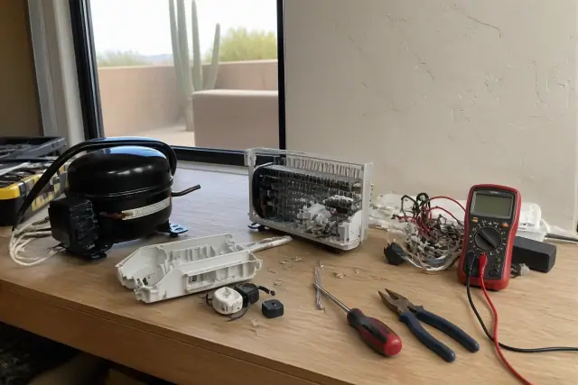 Refrigerator repair in progress on a workbench with tools and mechanical parts in Scottsdale, AZ.