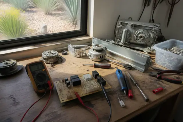 Technician using a multimeter on a stove range control board at a workbench in Phoenix, AZ.