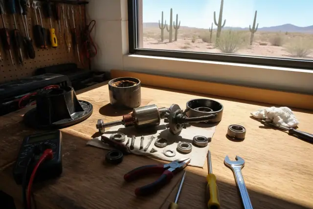 Disassembled mechanical components and repair tools on a wooden workbench in a Phoenix, AZ workshop.
