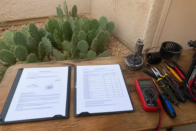 Two document folders and an itemized repair cost table on a wooden workbench with tools in Phoenix, AZ.