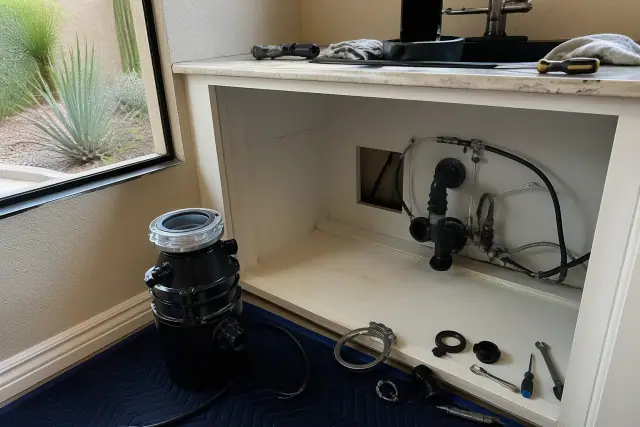 Garbage disposal installation with plumbing and tools in a kitchen in Phoenix, AZ.