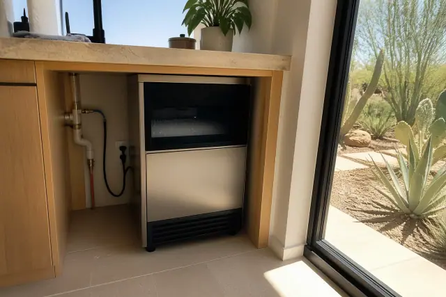Standalone freezer ice maker installed in a kitchen under-counter cavity in Phoenix, AZ.