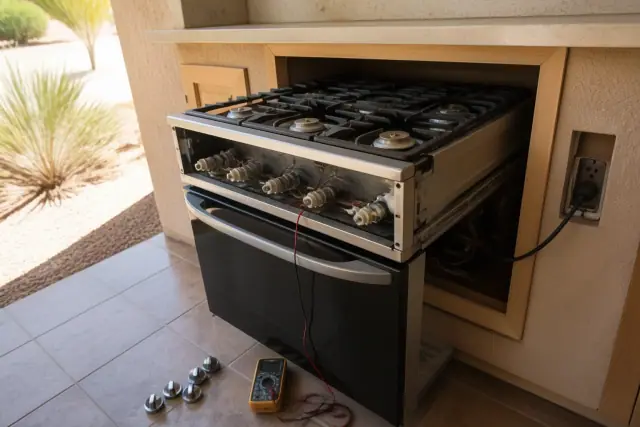 Technician repairing a stove and range in a kitchen in Glendale, AZ with a multimeter and tools on the floor.