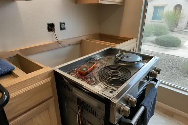 Technician repairing a stove with a multimeter in a Chandler, AZ kitchen.