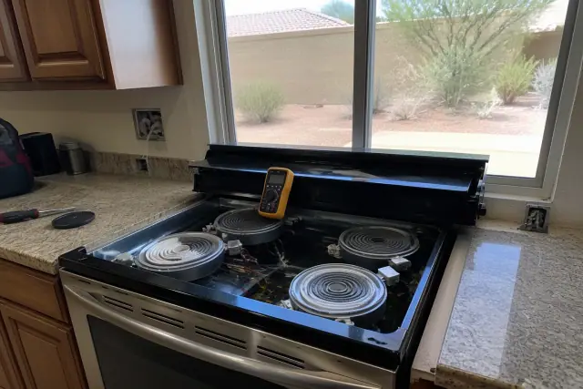 Stove and range repair with exposed heating elements and a multimeter on the stovetop in a Goodyear, AZ home.