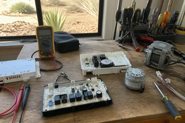 Disassembled dryer parts, circuit boards, and tools on a workbench at a repair shop in Phoenix, AZ.