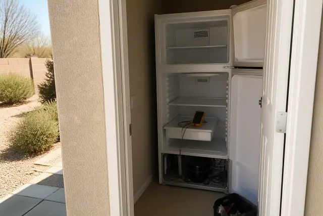 Top-freezer refrigerator under repair with a diagnostic meter in a Phoenix, AZ utility closet.