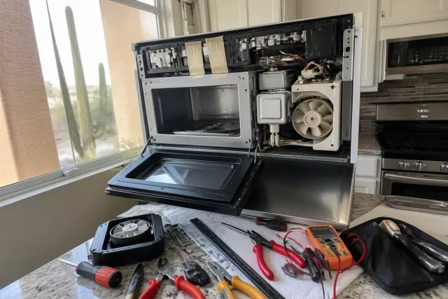 Technician repairing a microwave vent fan and door seal in a Phoenix, AZ kitchen.