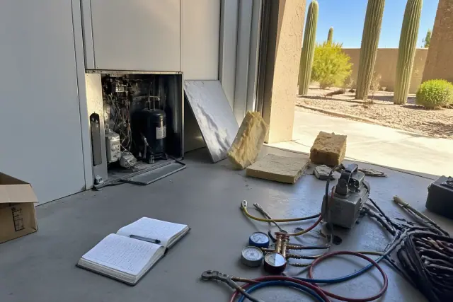 Technician repairing a walk-in freezer compressor with diagnostic tools on a concrete floor in Phoenix, AZ.