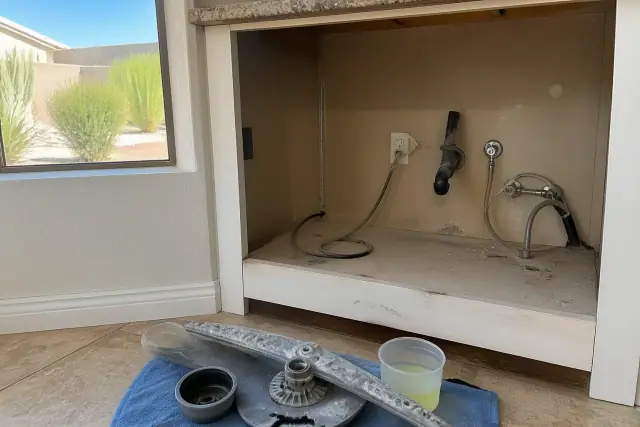 Technician repairing a dishwasher in a Phoenix, AZ kitchen with mineral buildup on the removed spray arm.