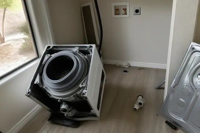 A disassembled washing machine being repaired in a Phoenix, AZ laundry alcove.