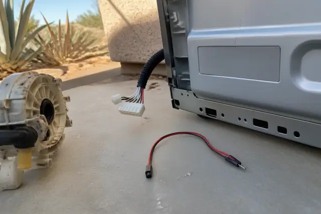 Blank model identification plate and diagnostic harness lead on a jobsite floor in Phoenix, AZ.