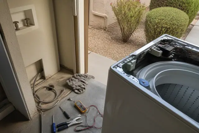 Washing machine repair in progress with tools on the floor in a Gilbert, AZ utility room.