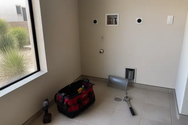 Washing machine repair in progress in a laundry alcove in Phoenix, AZ, with tools laid out on the floor.