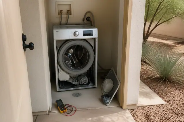 Partially disassembled washing machine being repaired in a utility room in Chandler, AZ.