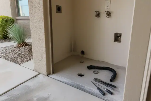 A disassembled washer drain hose and service tools in an Avondale, AZ residential laundry alcove.
