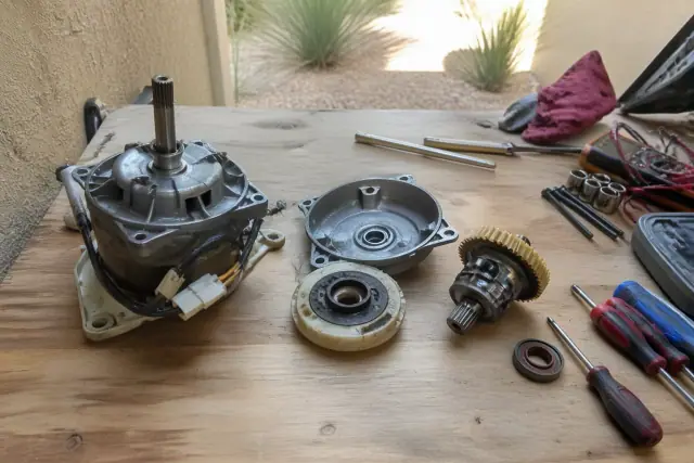 Washer spin drive mechanical assembly being repaired on a workbench in Phoenix, AZ.