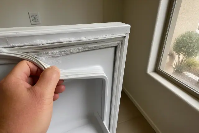 Worn freezer door gasket with frost buildup in a Phoenix, AZ utility closet.