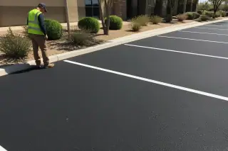 Service professional inspecting clean asphalt edges near desert gravel landscaping in Phoenix, AZ.