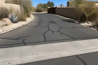 Crack sealant ribbons on a residential driveway apron transition in Phoenix, AZ, with desert landscaping.