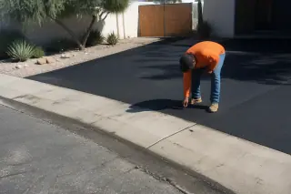 Worker inspecting the sloped asphalt transition between a driveway and a residential road in Phoenix, AZ.