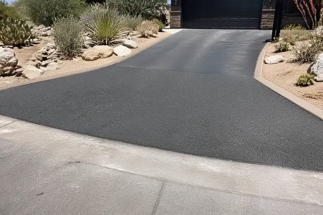 Newly paved residential driveway apron with asphalt texture in Phoenix, AZ.