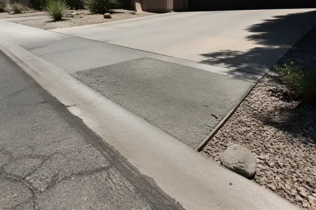 In-progress driveway apron repairs with coarse aggregate and patch-work texture at a home in Phoenix, AZ.