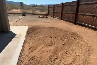 Filled-in soil patch where a cactus was removed between a concrete patio and wooden fence in Phoenix, AZ.