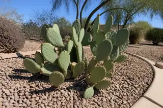 Neatly thinned cactus with clean cuts on its pads above crushed stone ground cover in Phoenix, AZ.