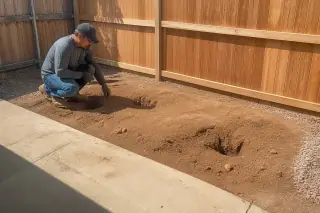 Technician inspecting a bare earth patch with root holes after cactus removal in a Phoenix, AZ yard.