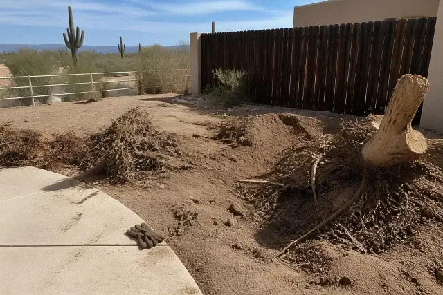 Cactus being removed from bare earth near a concrete patio and wooden fence in Phoenix, AZ.