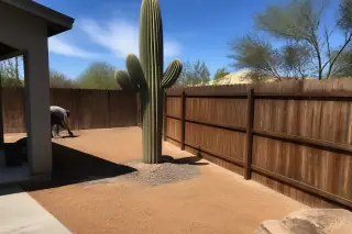 Technician inspects a stabilized upright saguaro cactus supported by hidden stakes in a Phoenix, AZ yard.