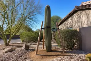Upright saguaro cactus secured with wooden stakes and nylon webbing in a desert yard in Phoenix, AZ.
