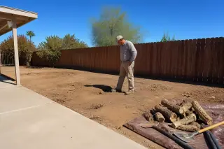 Technician cleaning woody cactus debris and pruning tools on a tarp in a Phoenix, AZ yard.