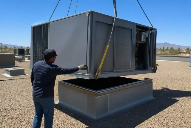 Crane lifting a 2 to 5 ton rooftop HVAC unit onto a curb on a gravel roof in Phoenix, AZ.