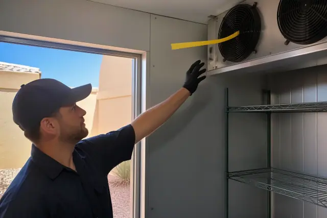 Technician testing evaporator coil airflow with fluttering tape in a walk-in cooler in Phoenix, AZ.