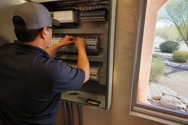 Technician wiring a building automation control cabinet with multicolored wires in a Phoenix, AZ office.