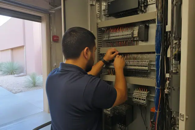 Technician wiring a building automation control cabinet in a mechanical room in Phoenix, AZ.