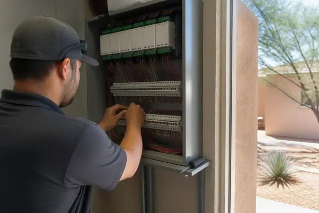 Technician wiring a commercial HVAC control cabinet in a mechanical room in Tempe, AZ.