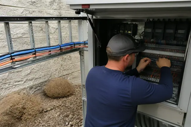 Technician wiring a building automation control cabinet in Goodyear, AZ with visible ethernet cables and circuit controls.