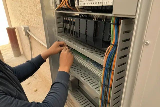 Technician wiring a building automation control cabinet with ethernet cables at a commercial site in Chandler, AZ.