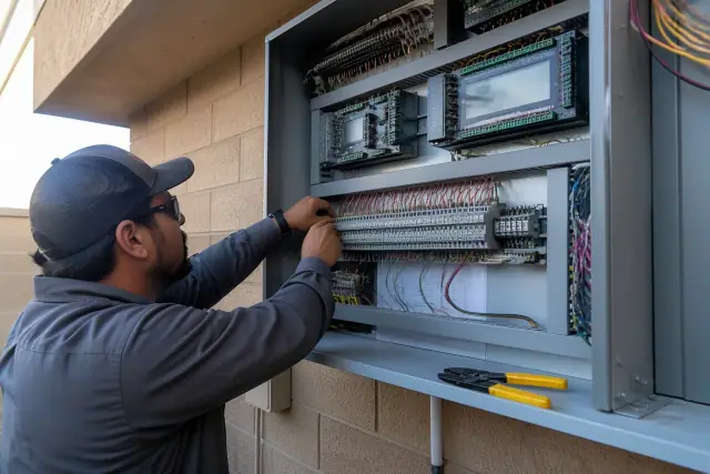 Technician wiring a building automation control cabinet in a mechanical room in Gilbert, AZ.